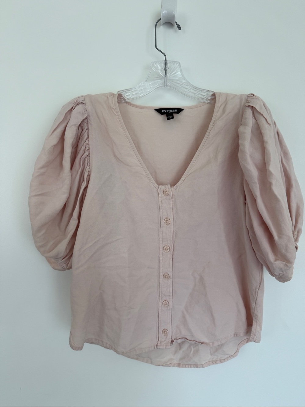Express Light Blush Puff-Sleeve Button-Up Top
